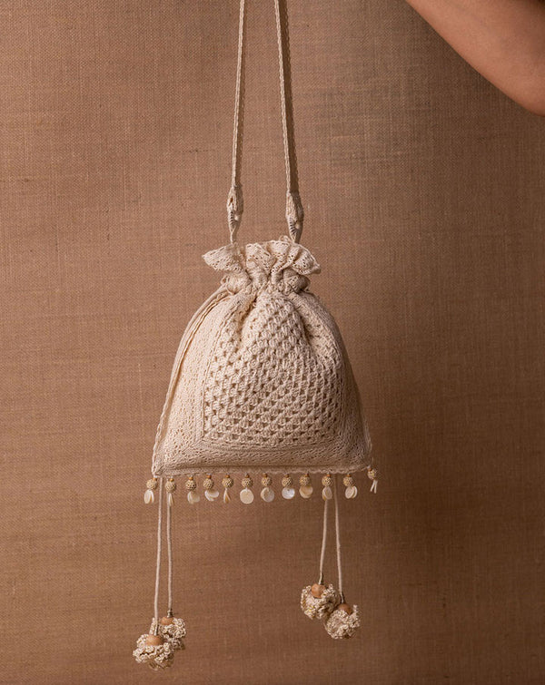 Starlight drawstring crochet potli, handmade eco-friendly bag by The Mango House Trust